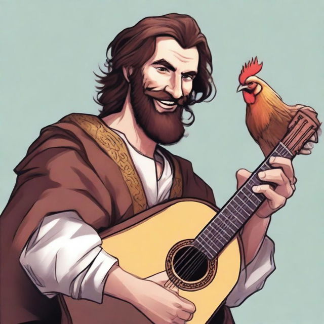This is an ultra-realistic comic-style image of a bard, who despite his hideous ugliness, smiles cheerfully while playing a lute