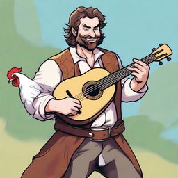 This is an ultra-realistic comic-style image of a bard, who despite his hideous ugliness, smiles cheerfully while playing a lute