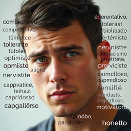 A close-up portrait of a young man, featuring his thoughtful expression that conveys a deep sense of understanding, framed by a collage of Spanish words arranged like a puzzle around his face