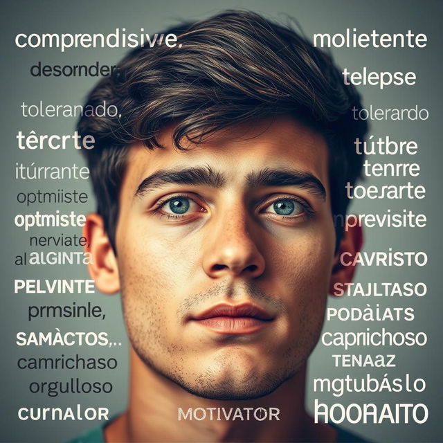 A close-up portrait of a young man, featuring his thoughtful expression that conveys a deep sense of understanding, framed by a collage of Spanish words arranged like a puzzle around his face