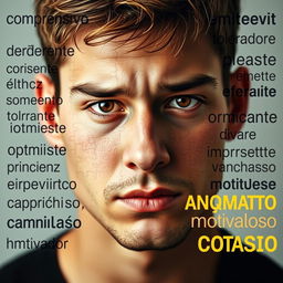 A close-up portrait of a young man, featuring his thoughtful expression that conveys a deep sense of understanding, framed by a collage of Spanish words arranged like a puzzle around his face