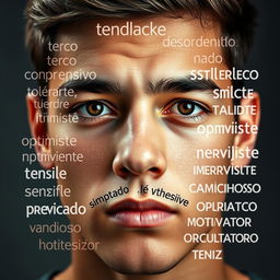 A close-up portrait of a young man, featuring his thoughtful expression that conveys a deep sense of understanding, framed by a collage of Spanish words arranged like a puzzle around his face