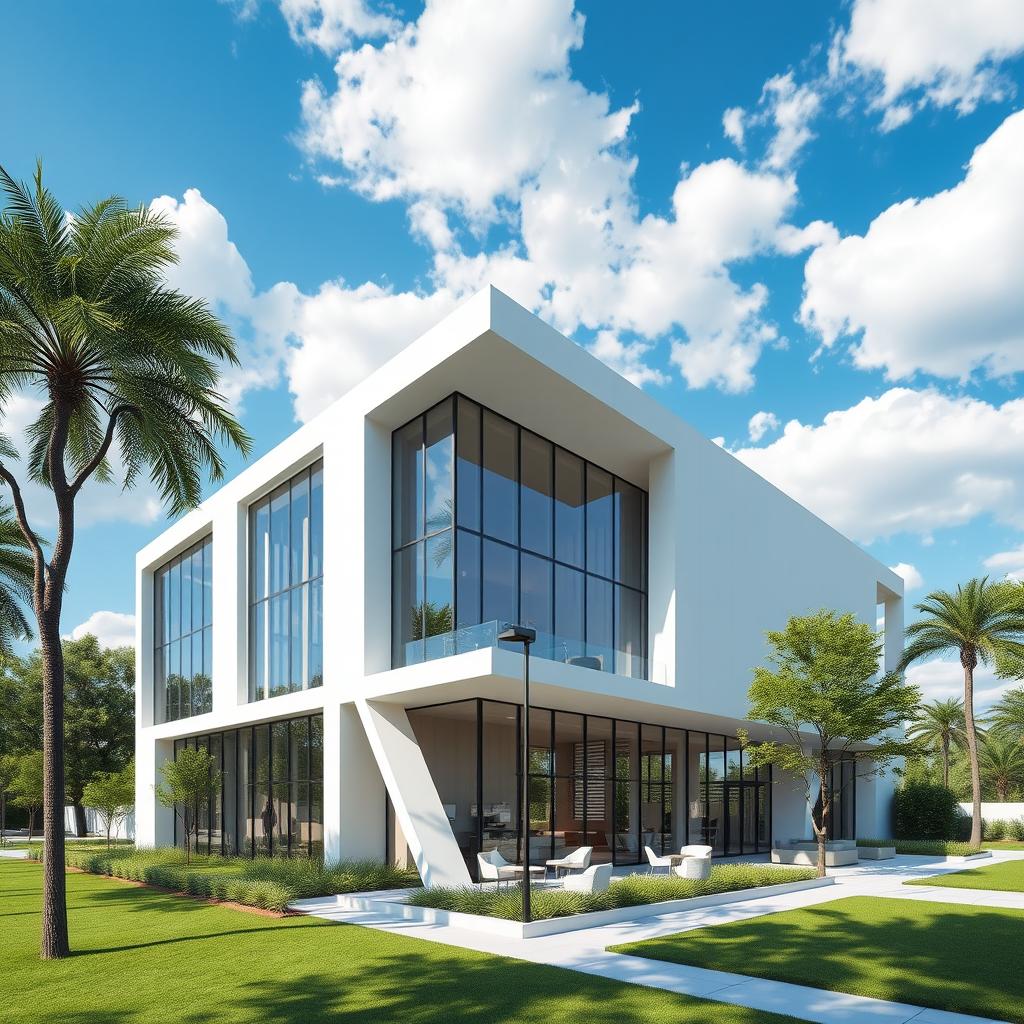 A modern architectural rendering of a sleek, minimalist building, featuring expansive glass facades and geometric shapes