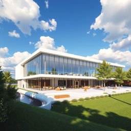A modern architectural rendering of a sleek, minimalist building, featuring expansive glass facades and geometric shapes