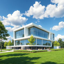 A modern architectural rendering of a sleek, minimalist building, featuring expansive glass facades and geometric shapes