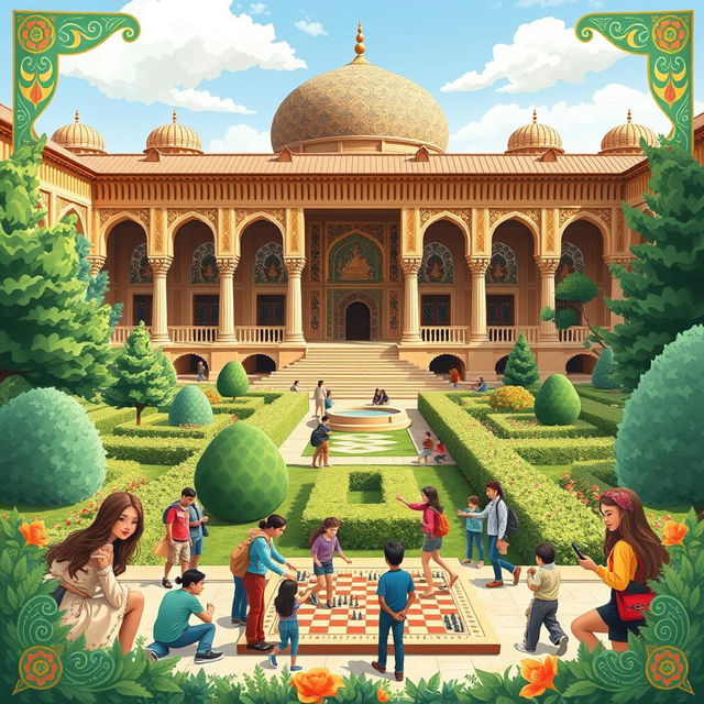 A vibrant and whimsical poster design capturing the theme of tourism and old Iranian games set in the picturesque Chehel Sotun Palace in Isfahan