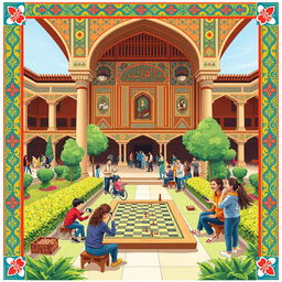 A vibrant and whimsical poster design capturing the theme of tourism and old Iranian games set in the picturesque Chehel Sotun Palace in Isfahan