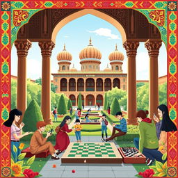 A vibrant and whimsical poster design capturing the theme of tourism and old Iranian games set in the picturesque Chehel Sotun Palace in Isfahan