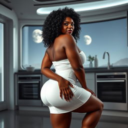 A full-body image of a beautiful 50-year-old Afro-American mature woman with curly black hair and a curvaceous physique, featuring large 42DD breasts, wide hips, a very slim waist, thick thighs, and beautiful, toned legs