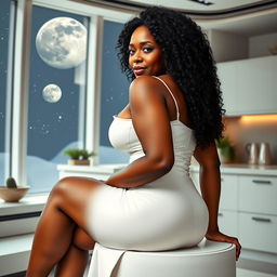 A full-body image of a beautiful 50-year-old Afro-American mature woman with curly black hair and a curvaceous physique, featuring large 42DD breasts, wide hips, a very slim waist, thick thighs, and beautiful, toned legs
