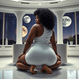A full-body image of a beautiful 50-year-old Afro-American mature woman with curly black hair and a curvaceous physique, featuring large 42DD breasts, wide hips, a very slim waist, thick thighs, and beautiful, toned legs