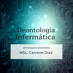 An elegant and sophisticated promotional banner for a course titled "Deontología Informática" administered by MSc Carmen Díaz