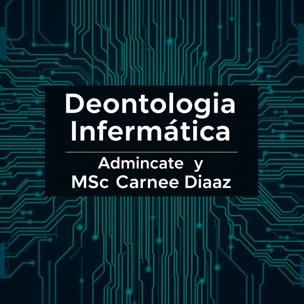 An elegant and sophisticated promotional banner for a course titled "Deontología Informática" administered by MSc Carmen Díaz