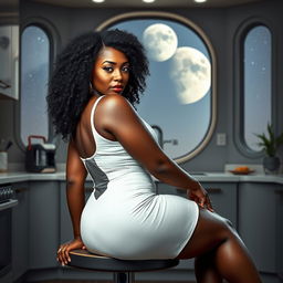 A full-body image of a beautiful 50-year-old Afro-American mature woman with curly black hair, striking blue eyes, and a curvaceous physique featuring large 42DD breasts, wide hips, a very slim waist, thick thighs, and beautiful, toned legs