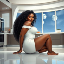 A full-body image of a beautiful 50-year-old Afro-American mature woman with curly black hair, striking blue eyes, and a curvaceous physique featuring large 42DD breasts, wide hips, a very slim waist, thick thighs, and beautiful, toned legs