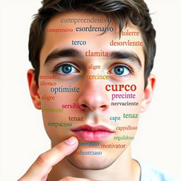 A close-up image of a young man with a thoughtful expression, showcasing his face as a canvas for a puzzle of Spanish words