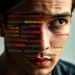 A close-up image of a young man with a thoughtful expression, showcasing his face as a canvas for a puzzle of Spanish words