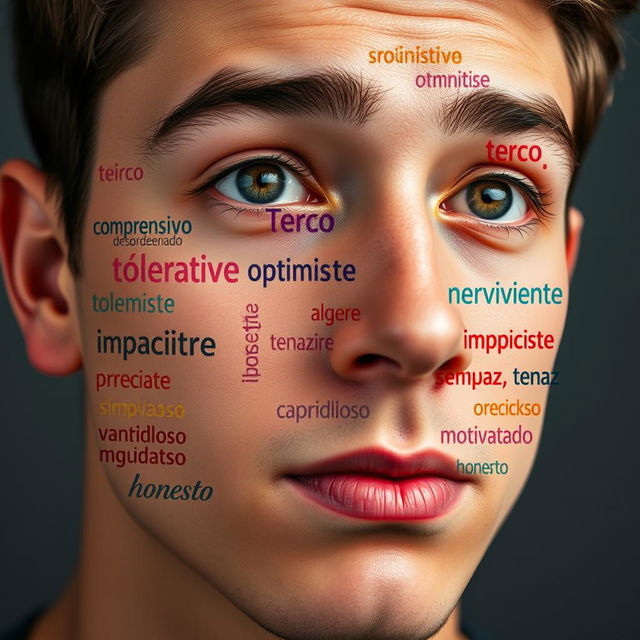 A close-up image of a young man with a thoughtful expression, showcasing his face as a canvas for a puzzle of Spanish words