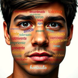 A close-up image of a young man with a thoughtful expression, showcasing his face as a canvas for a puzzle of Spanish words