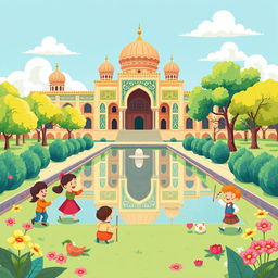 A vibrant and playful poster design showcasing the beauty of Chehel Sotun Palace in Isfahan, Iran, highlighted by whimsical illustrations of traditional old Iranian games