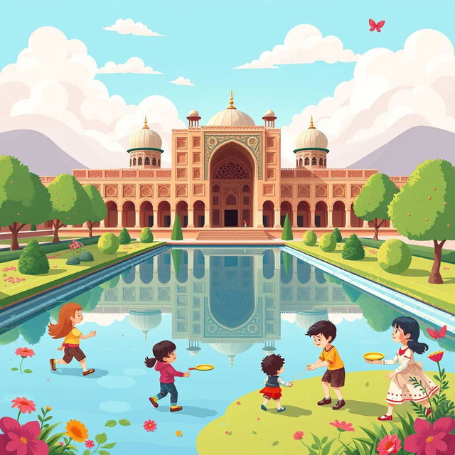 A vibrant and playful poster design showcasing the beauty of Chehel Sotun Palace in Isfahan, Iran, highlighted by whimsical illustrations of traditional old Iranian games