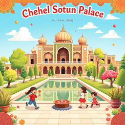 A vibrant and playful poster design showcasing the beauty of Chehel Sotun Palace in Isfahan, Iran, highlighted by whimsical illustrations of traditional old Iranian games
