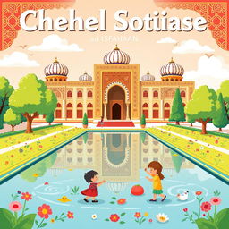 A vibrant and playful poster design showcasing the beauty of Chehel Sotun Palace in Isfahan, Iran, highlighted by whimsical illustrations of traditional old Iranian games