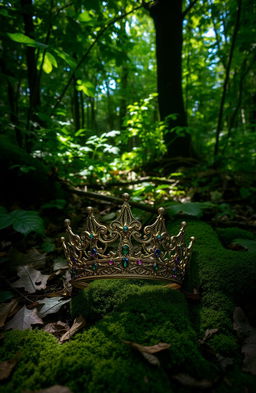 A broken crown lying on the forest floor, surrounded by lush green foliage, fallen leaves, and soft moss