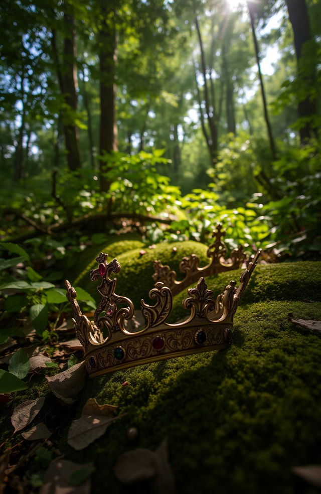 A broken crown lying on the forest floor, surrounded by lush green foliage, fallen leaves, and soft moss