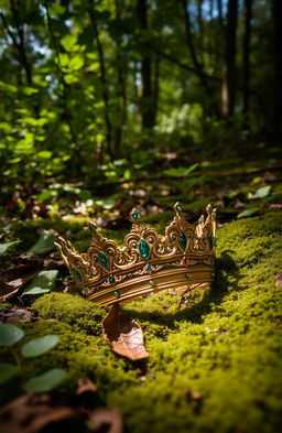 A broken crown lying on the forest floor, surrounded by lush green foliage, fallen leaves, and soft moss