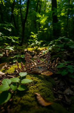 A broken crown lying on the forest floor, surrounded by lush green foliage, fallen leaves, and soft moss