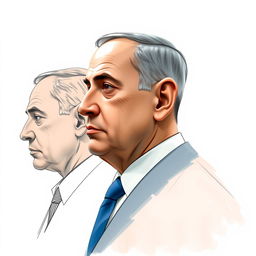 A detailed artistic representation of Benjamin Netanyahu depicted using both sketch technique and oil paint, showcasing him from three different angles