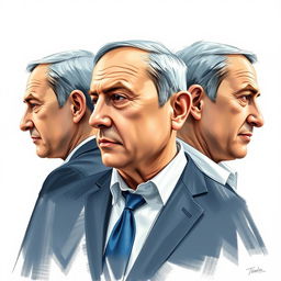 A detailed artistic representation of Benjamin Netanyahu depicted using both sketch technique and oil paint, showcasing him from three different angles