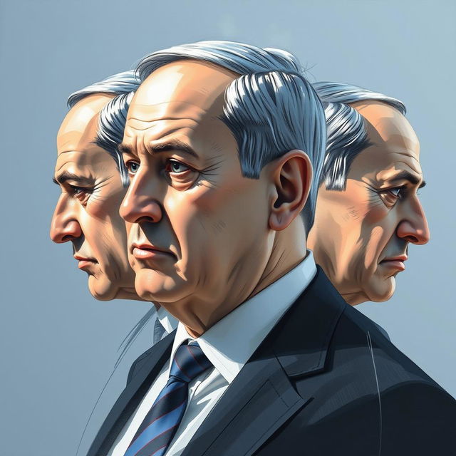 A detailed artistic representation of Benjamin Netanyahu depicted using both sketch technique and oil paint, showcasing him from three different angles