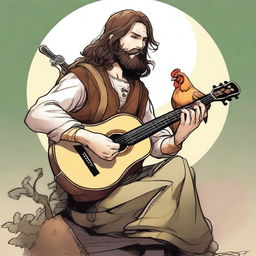 Depicted in an ultra-realistic comic style, this image features a bard with a half-smile on his face as he plays a lute