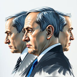 A detailed artistic representation of Benjamin Netanyahu depicted using both sketch technique and oil paint, showcasing him from three different angles