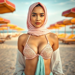 A stunning portrait of an elegant woman wearing a stylish hijab that beautifully complements her features, gracefully transitioning into a chic bikini for a beach setting