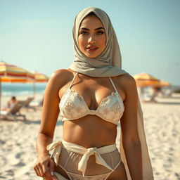 A stunning portrait of an elegant woman wearing a stylish hijab that beautifully complements her features, gracefully transitioning into a chic bikini for a beach setting