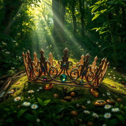 A broken crown resting on the ground of an enchanted forest, surrounded by vibrant green foliage and delicate wildflowers