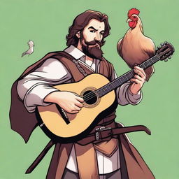 Depicted in an ultra-realistic comic style, this image features a bard with a half-smile on his face as he plays a lute