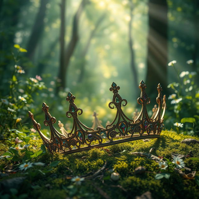 A broken crown resting on the ground of an enchanted forest, surrounded by vibrant green foliage and delicate wildflowers