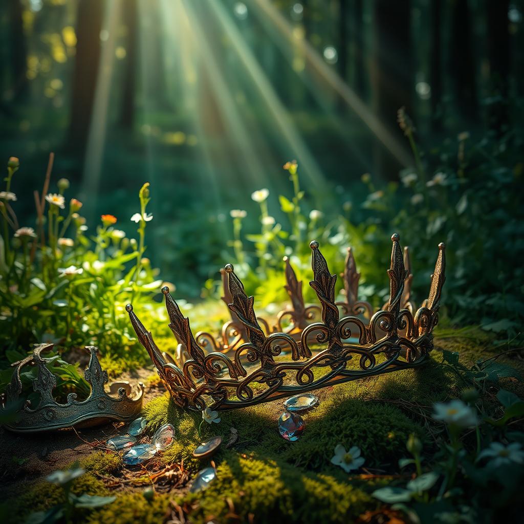 A broken crown resting on the ground of an enchanted forest, surrounded by vibrant green foliage and delicate wildflowers