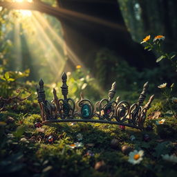 A broken crown resting on the ground of an enchanted forest, surrounded by vibrant green foliage and delicate wildflowers