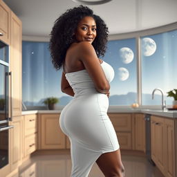 A full-body image of a beautiful 50-year-old Afro-American mature woman with curly black hair, striking blue eyes, and a curvaceous physique featuring large 42DD breasts, wide hips, a very slim waist, thick thighs, and beautiful, toned legs