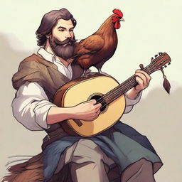 Depicted in an ultra-realistic comic style, this image features a bard with a half-smile on his face as he plays a lute