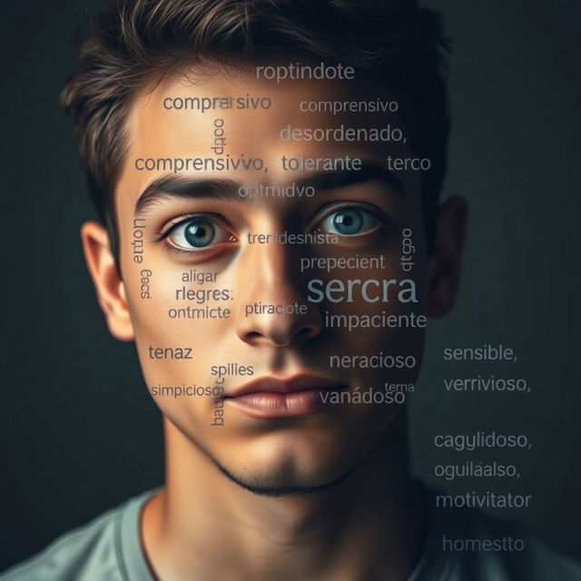 An artistic portrait of a young man with an engaging expression, where his face is adorned with Spanish words skillfully arranged like a puzzle