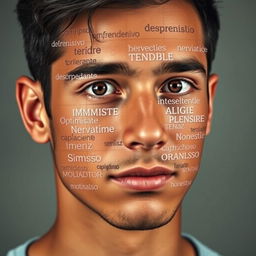 An artistic portrait of a young man with an engaging expression, where his face is adorned with Spanish words skillfully arranged like a puzzle