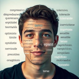 An artistic portrait of a young man with an engaging expression, where his face is adorned with Spanish words skillfully arranged like a puzzle