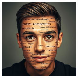 An artistic portrait of a young man with an engaging expression, where his face is adorned with Spanish words skillfully arranged like a puzzle