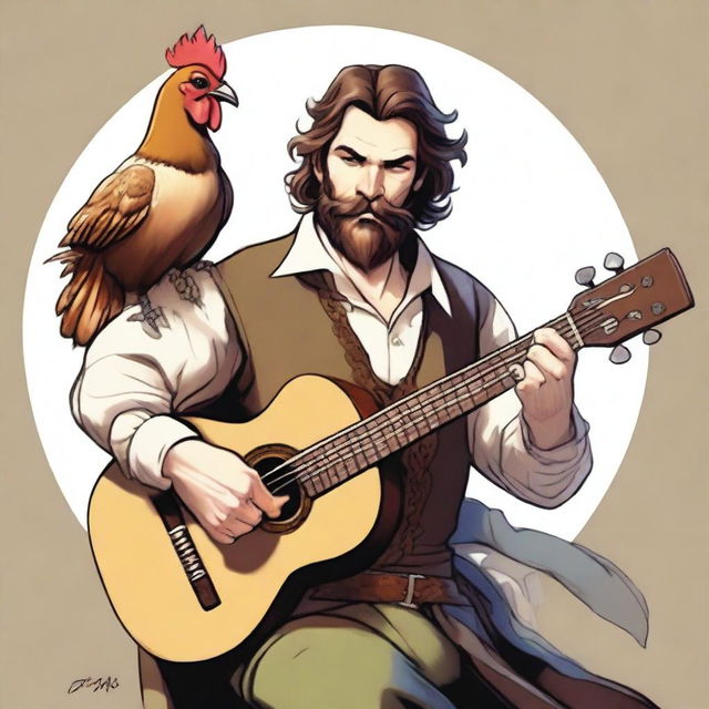 Depicted in an ultra-realistic comic style, this image features a bard with a half-smile on his face as he plays a lute